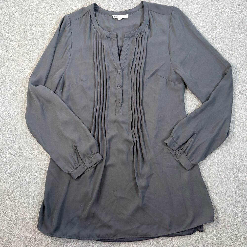 DR2 Women's Medium Charcoal Gray Pintuck Button Front Tunic Blouse Top